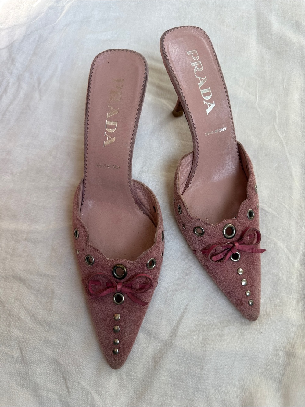 Prada Rose Pink Suede Pointed Mules with Grommet Detail - Picture 3 of 5
